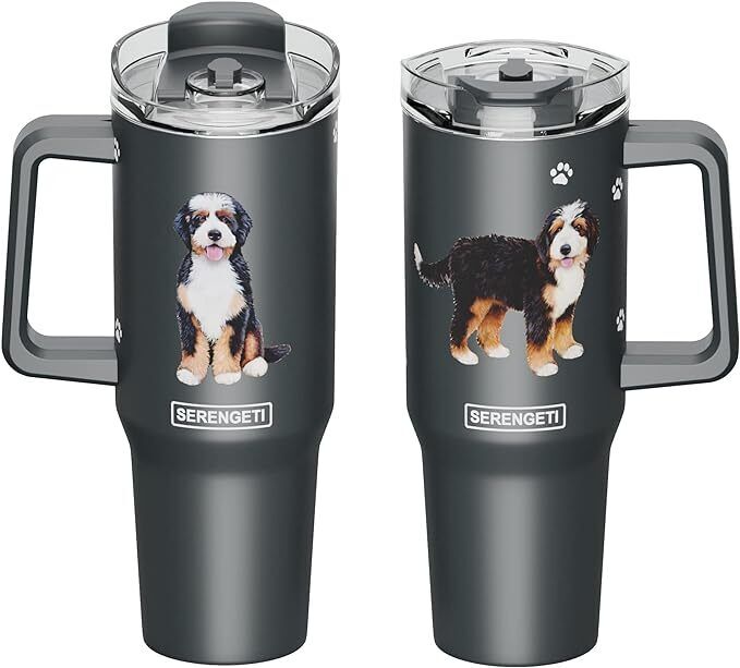 Serengeti 40 Oz Bernadoodle Dog Stainless Steel Tumbler w Handle, Straw & Lid