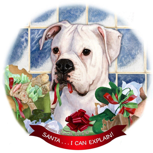 White Boxer Dog Porcelain Hanging Ornament Pet 'Santa.. I Can Explain!'