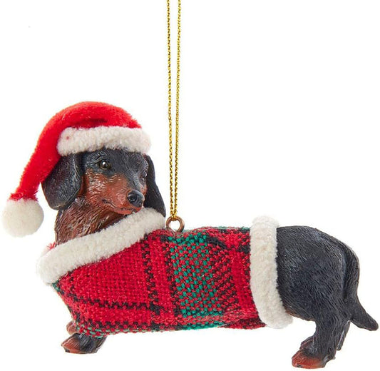Kurt Adler Black / Tan Dachsund With Plaid Coat and Santa Hat Ornament