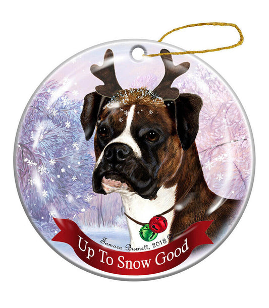 Holiday Pet Brindle Boxer Uncropped Reindeer Dog Porcelain Christmas Ornament