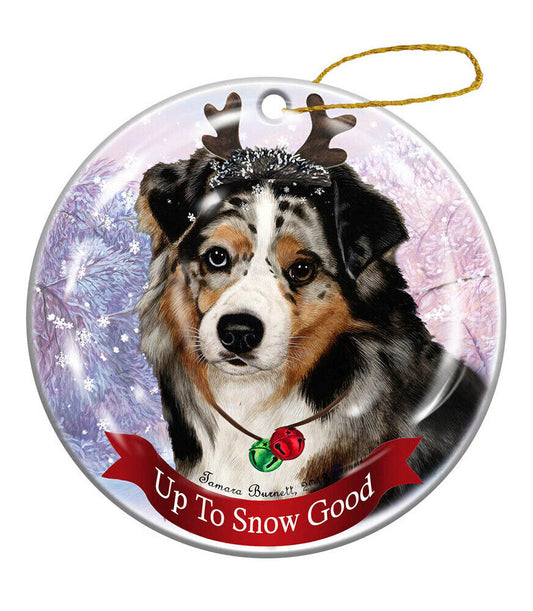 Australian Shepherd Blue Merle Reindeer Dog Porcelain Christmas Ornament