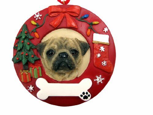 E&S Pets Pug Christmas Ornament Wreath Shaped Easily Personalized