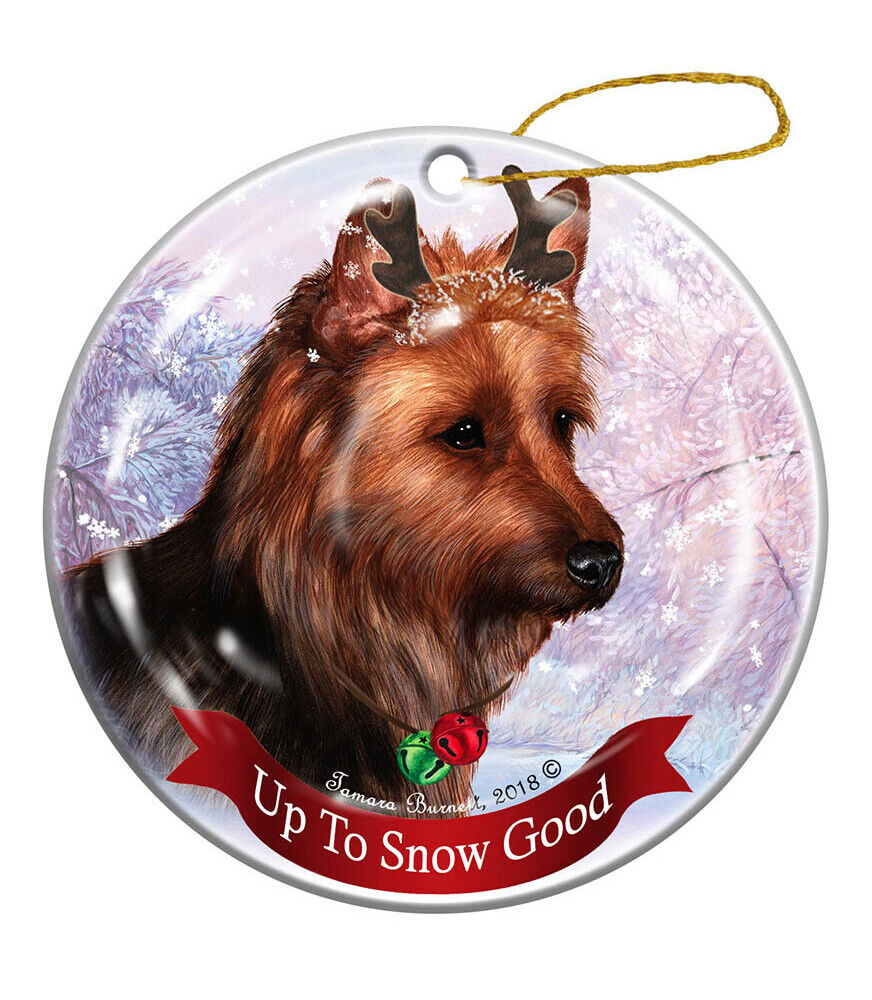 Holiday Pet Gifts Australian Terrier Reindeer Dog Porcelain Christmas Ornament