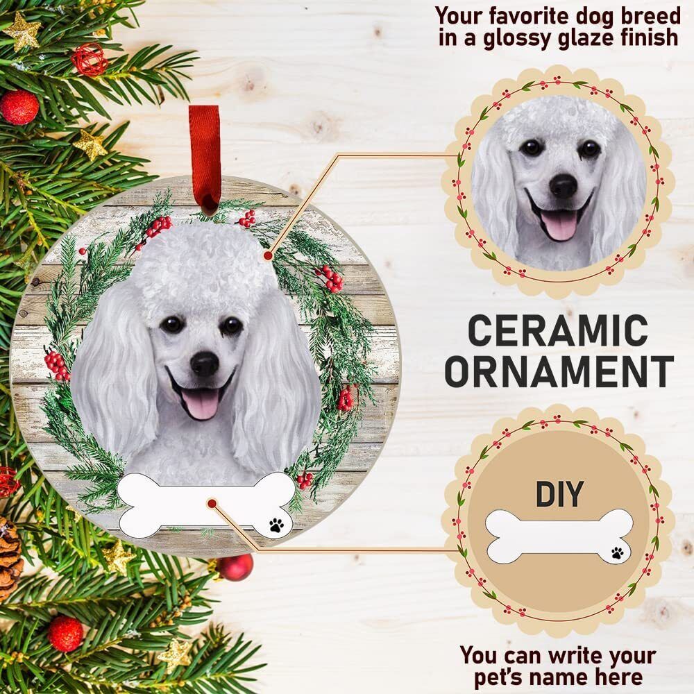 White Poodle Ornament - E&S Pets, DIY Personalizable, Ceramic Round Ornament