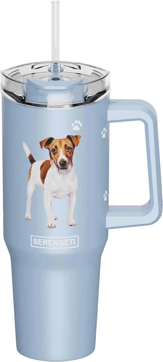 Serengeti 40 Oz Jack Russel Dog Stainless Steel Tumbler w Handle, Straw & Lid