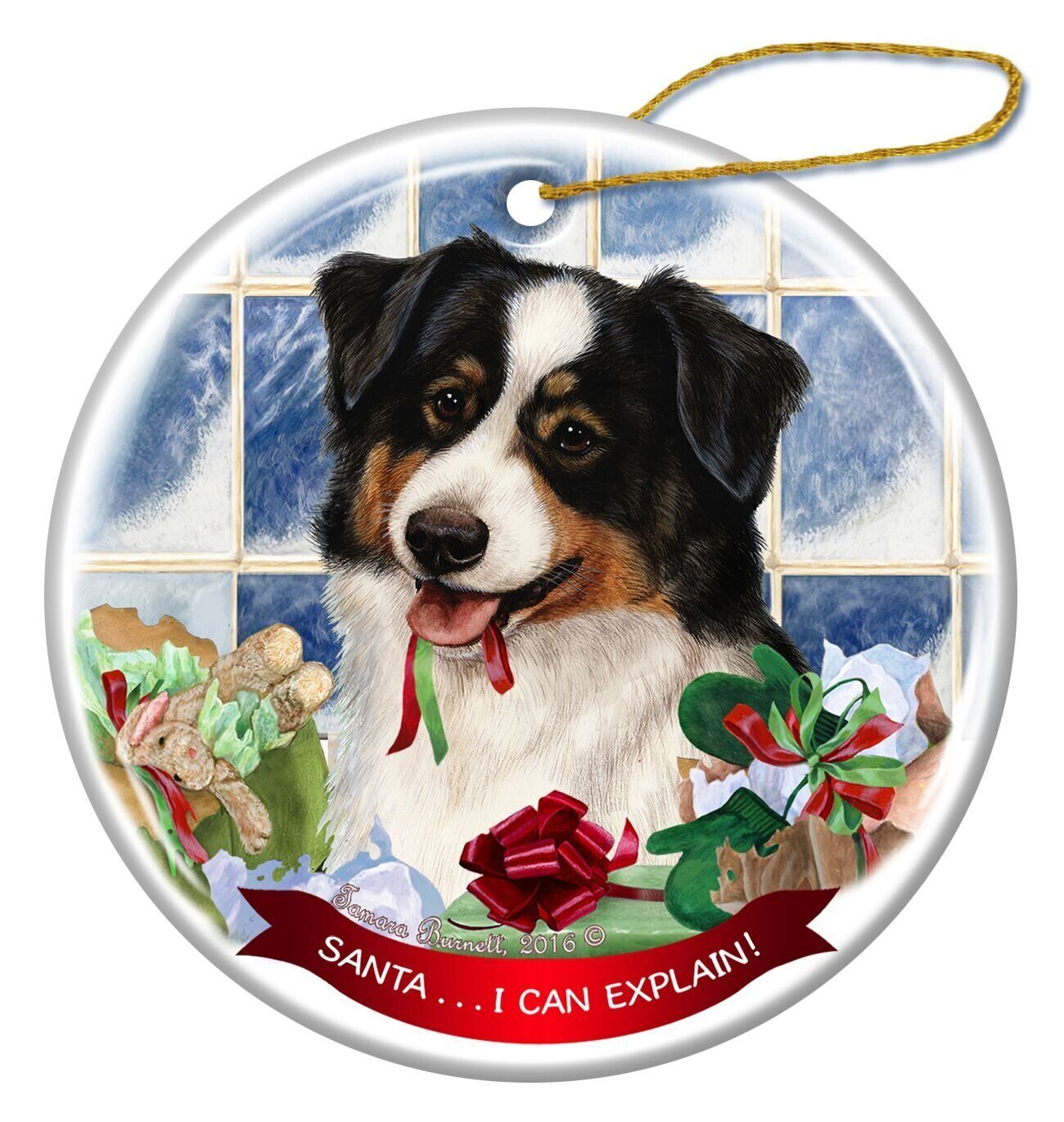 Australian Shepherd Black Tri Dog Porcelain Ornament Santa I Can Explain!