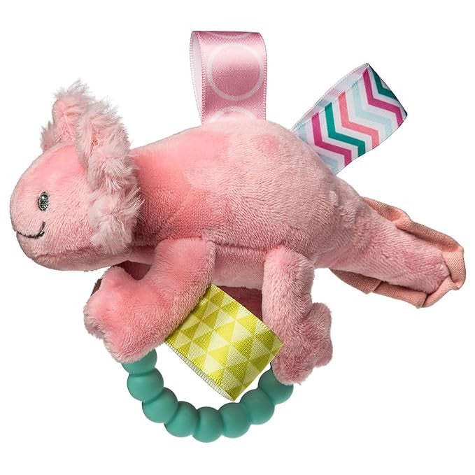 Mary Meyer Taggies Sensory Soft Rattle with Teether Ring, Lizzy Pink Axolotl