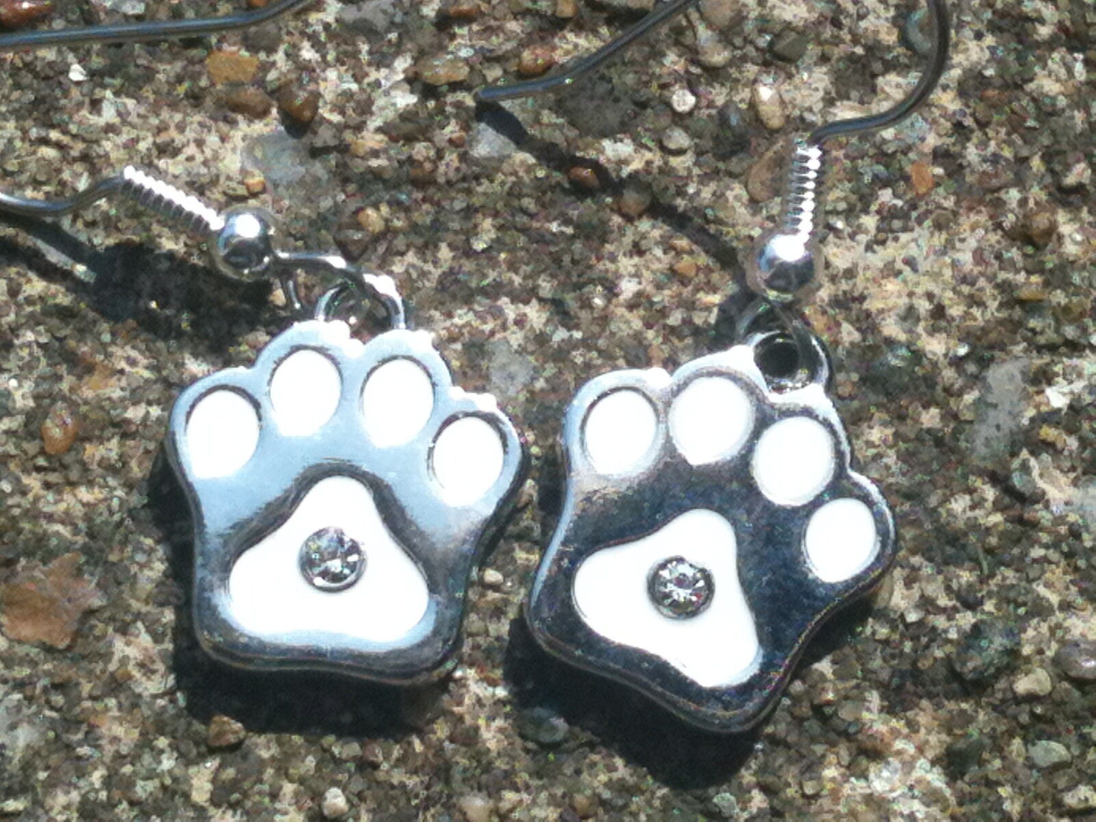 Silver Paw Print with White Enamel and Crystal Earrings