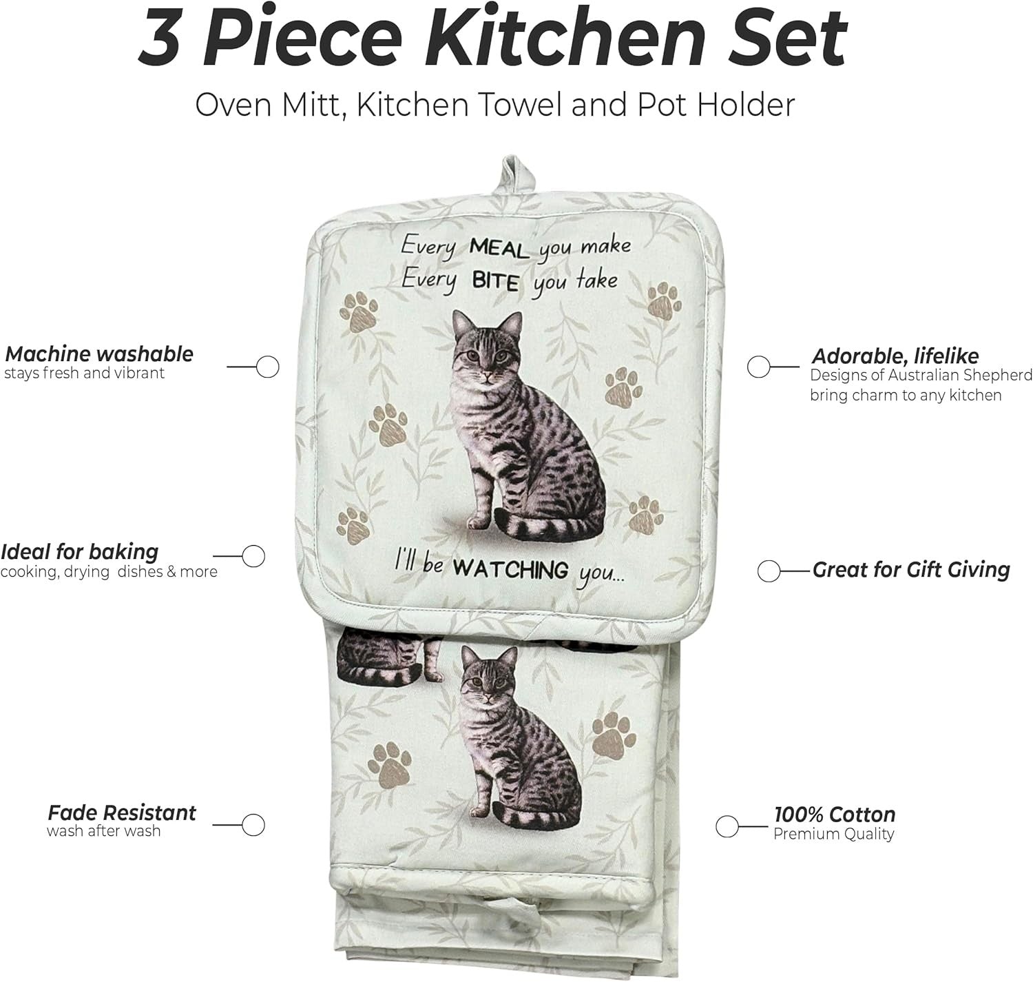 Silver Tabby cat 3-Piece Kitchen Set - Oven Mitt, Pot Holder & Kitchen Towel Set
