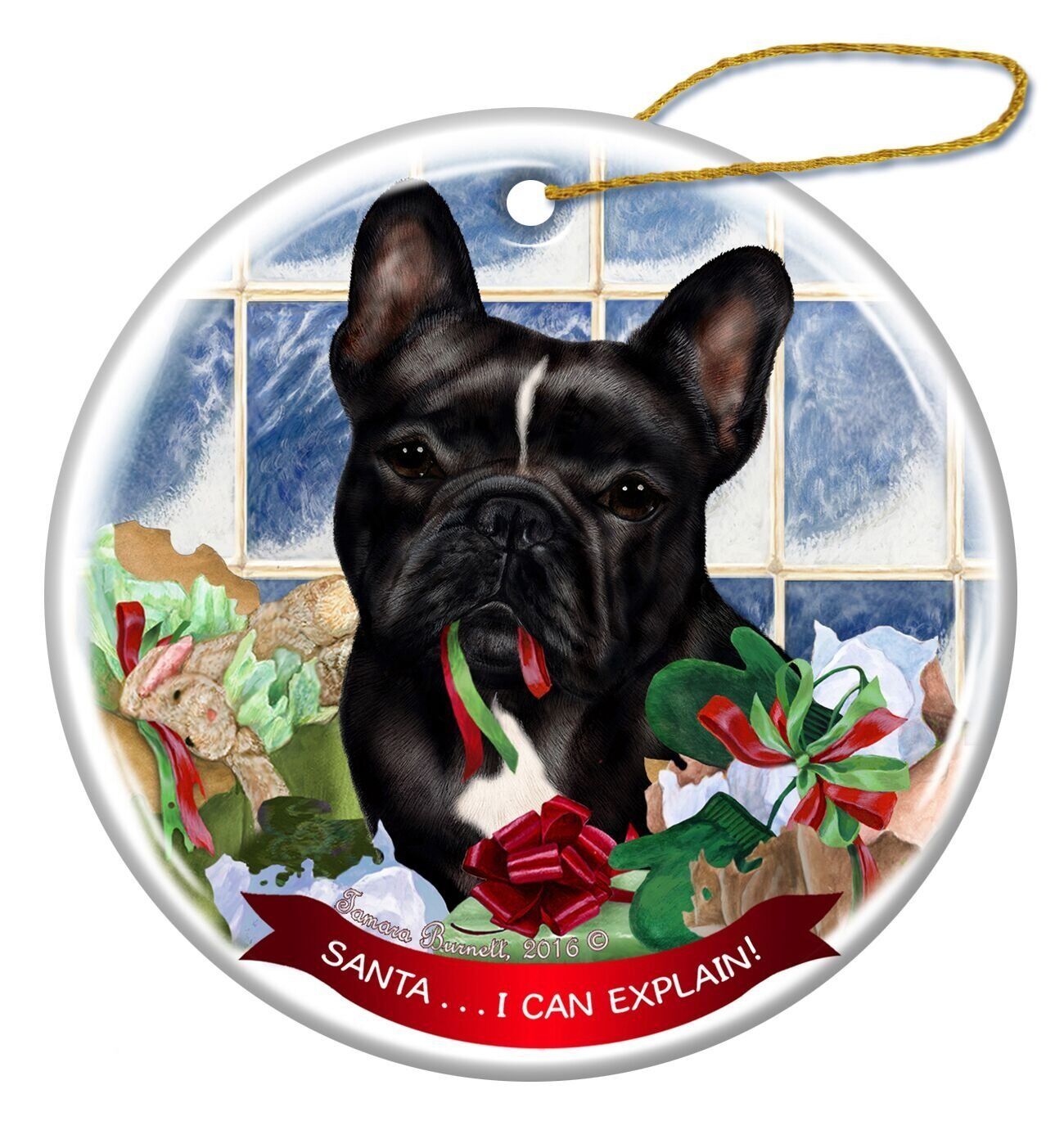 Black and White French Bulldog Dog Porcelain Ornament Santa I Can Explain!