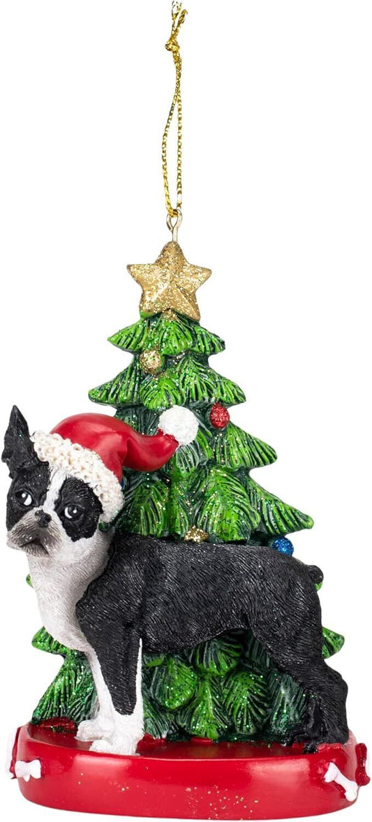 Kurt Adler Boston Terrier With Santa Hat Christmas Tree Ornament, 4.25 "
