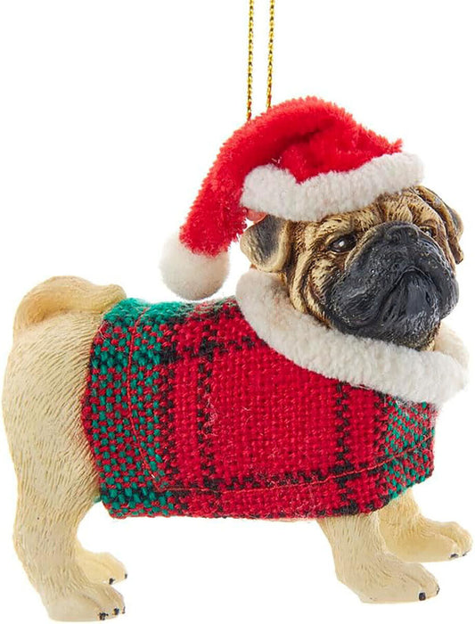 Kurt Adler Tan Pug With Plaid Coat and Santa Hat Ornament (D4218GSH)