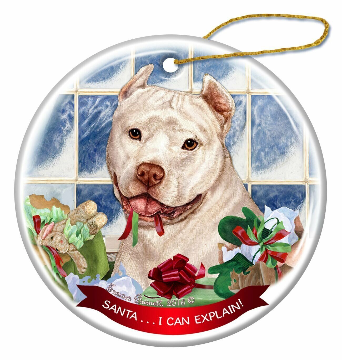 White Pit Bull Cropped Dog Porcelain Ornament Pet Gift 'Santa.. I Can Explain!