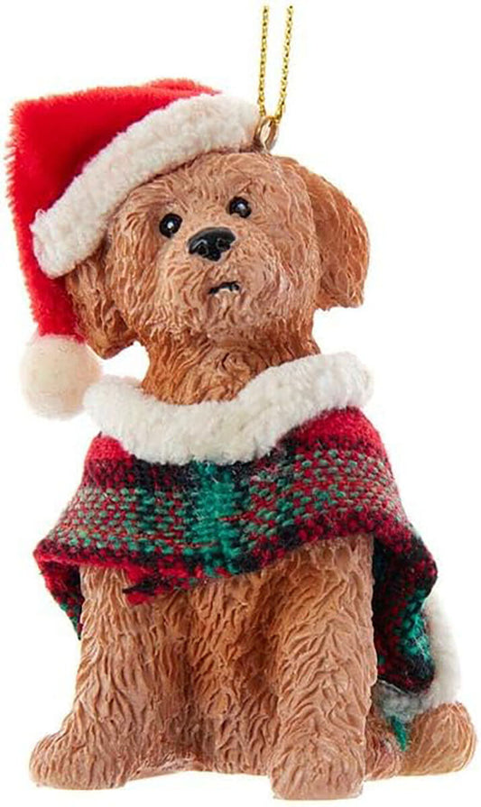 Kurt Adler Brown Labradoodle With Plaid Coat and Santa Hat Ornament (D4218GSH)