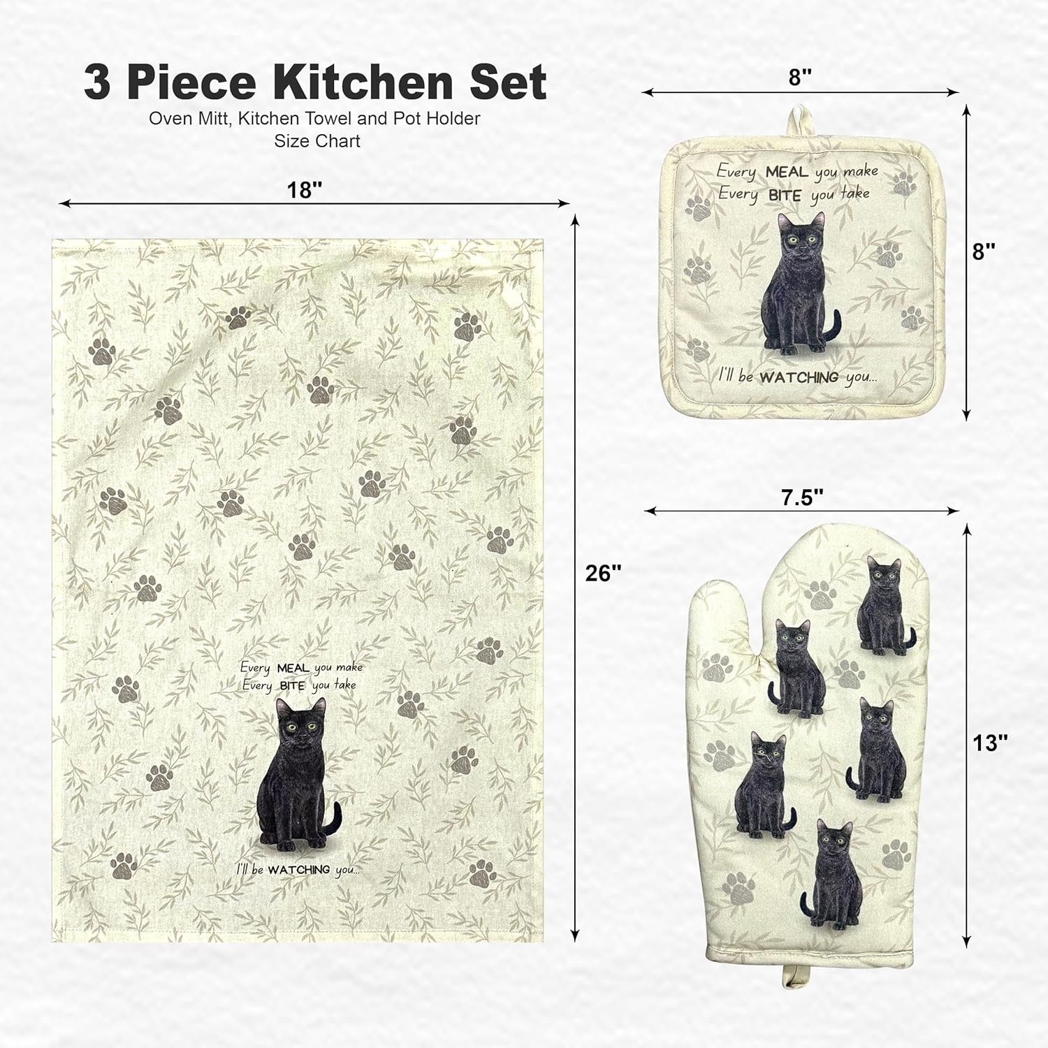 Black Cat 3-Piece Kitchen Set - Oven Mitt, Pot Holder & Kitchen Towel Set