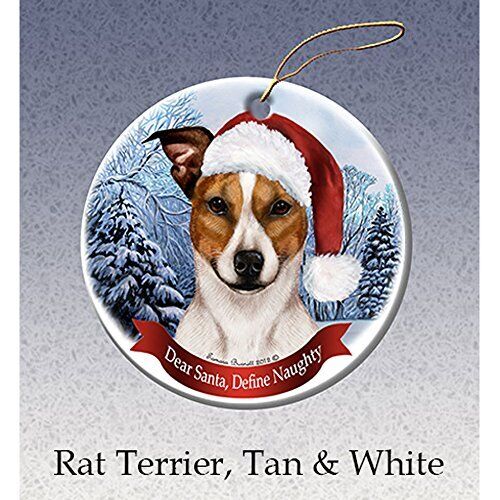 Holiday Pet Gifts Rat Terrier (Tan & White) Santa Hat Dog Porcelain Ornament