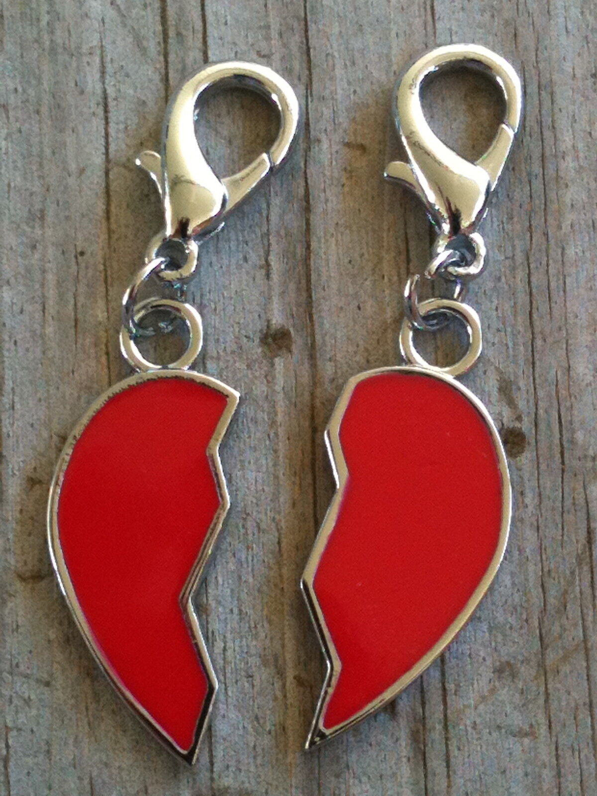 Silver Plated set of 2 Half Hearts Red Hand Enameled Collar Charm/Zipper pulls