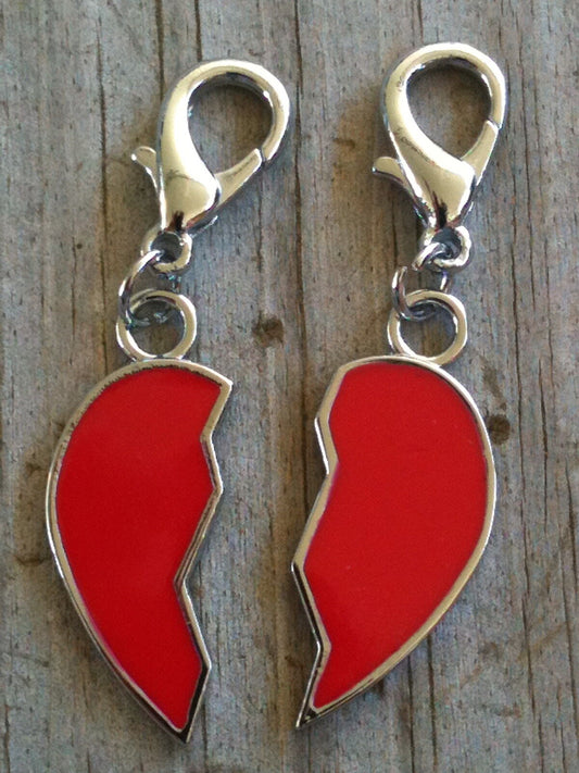Silver Plated set of 2 Half Hearts Red Hand Enameled Collar Charm/Zipper pulls