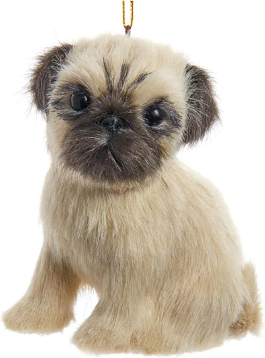 Kurt Adler F2242PU Furry Pug Dog Brown and Tan 4 Inch Hanging Christmas Ornament
