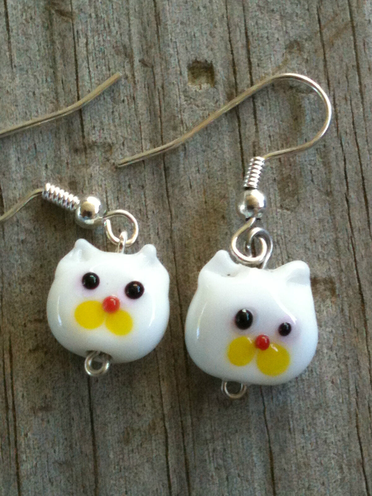 White Opaque Cat Face Lampwork Glass Earrings