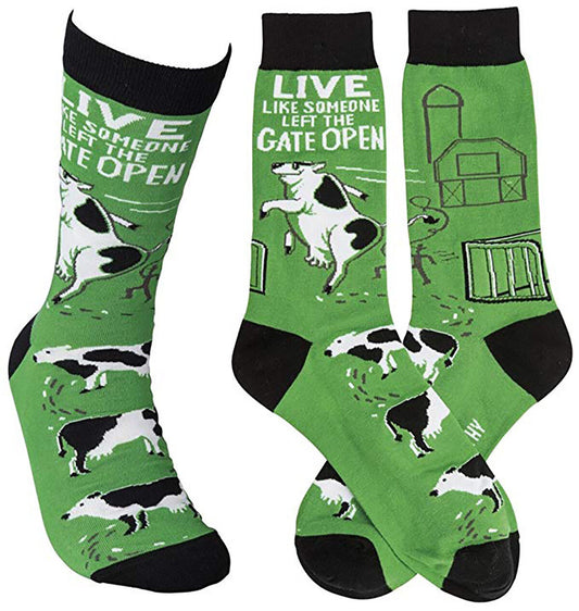 Primitives by Kathy Crew Socks  "Live Like Someone Left The Gate Open" Cows