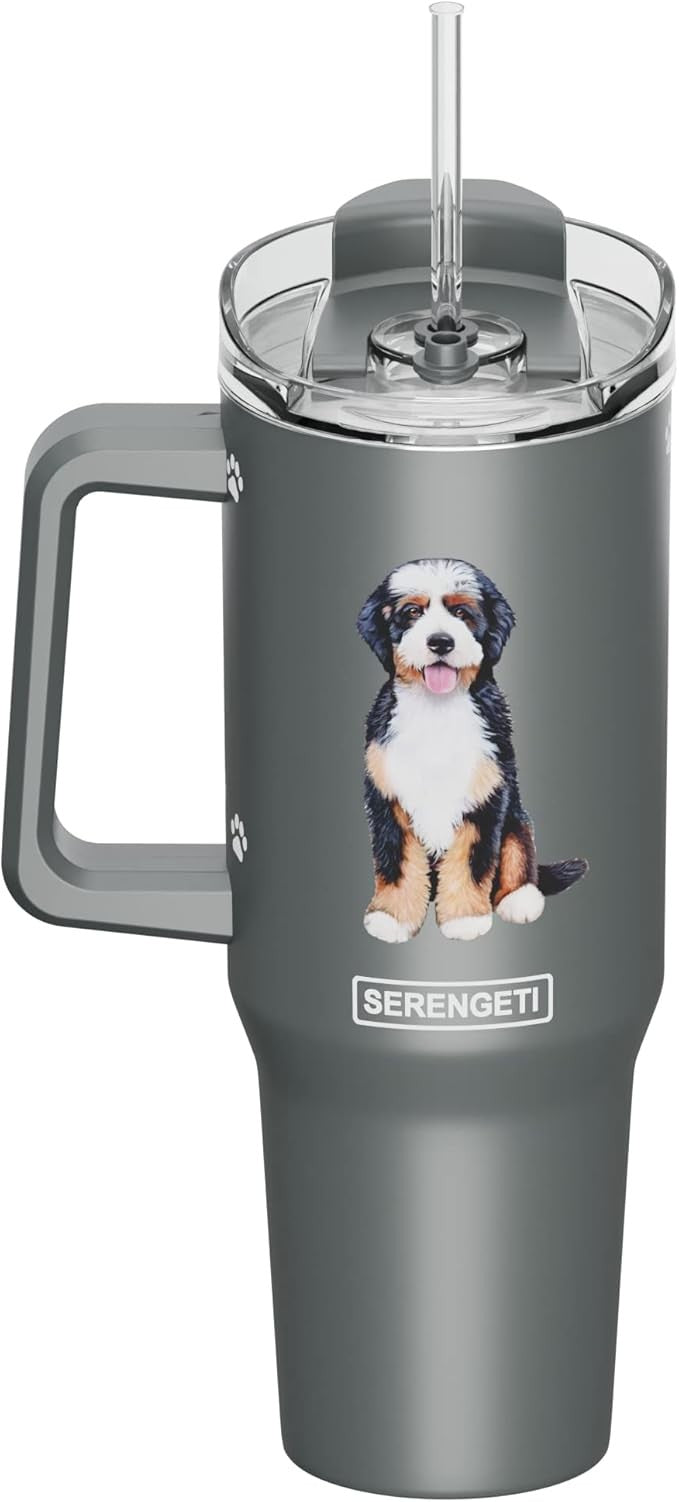 Serengeti 40 Oz Bernadoodle Dog Stainless Steel Tumbler w Handle, Straw & Lid