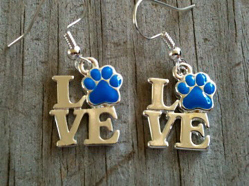 Silver Plated LOVE with Royal Blue Hand Enameled Paw Print Earrings