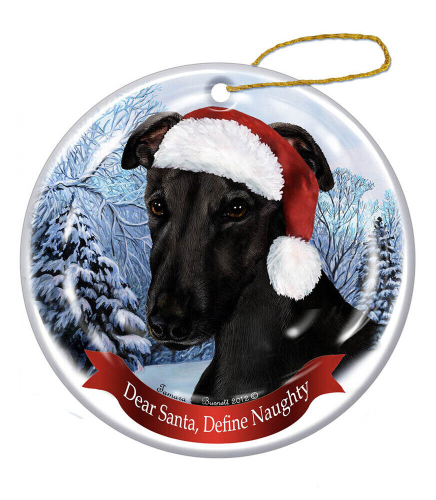 Holiday Pet Gifts Black Greyhound Santa Hat Dog Porcelain Christmas Ornament