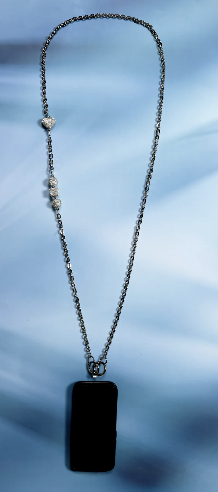 White Crystal Crossbody Beaded Silver Phone Chain, 56"
