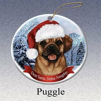 Holiday Pet Gifts Puggle Santa Hat Dog Porcelain Christmas Tree Ornament