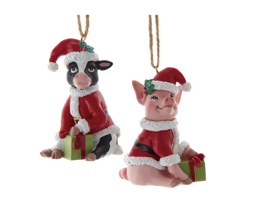 Kurt Adler Christmas Farm Pig & Cow Ornaments, Set of 2, 3"