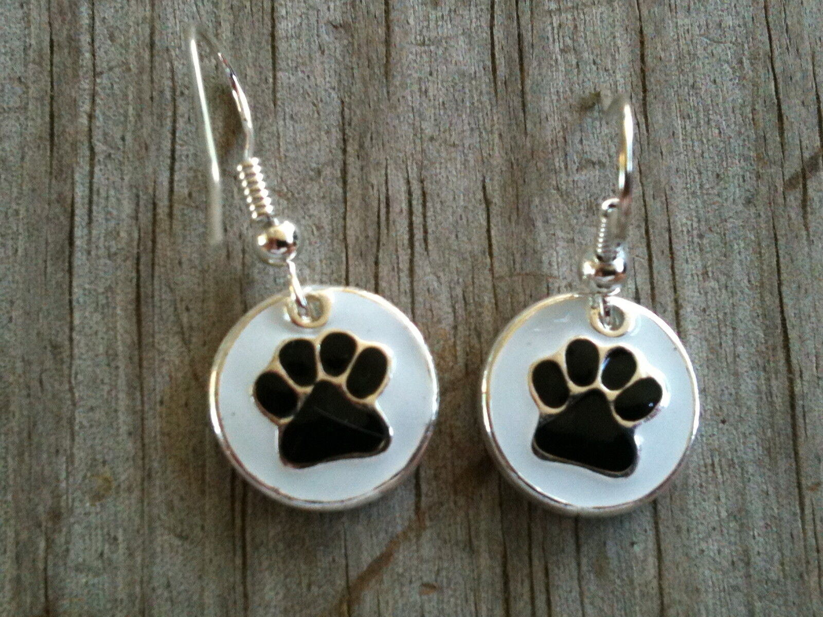 Silver Plated Black Paw Print on White Disc Hand Enameled Earrings