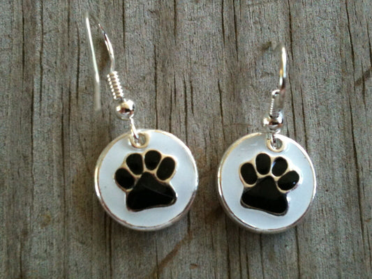 Silver Plated Black Paw Print on White Disc Hand Enameled Earrings
