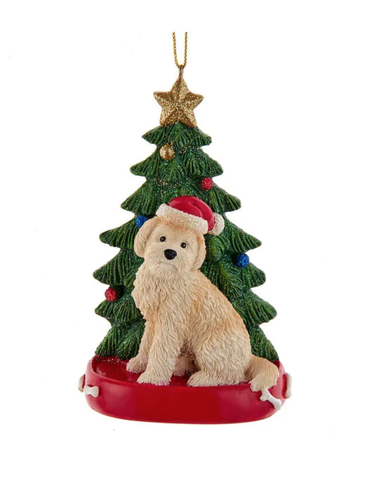 Kurt Adler Cream Goldendoodle With Santa Hat Christmas Tree Ornament, 4.25 "