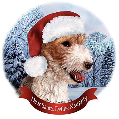Holiday Pet Gifts Wire Haired Fox Terrier Santa Hat Dog Porcelain Ornament