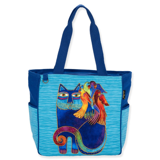 Laurel Burch Catmandu Tote Shoulder Bag with Vibrant Cat Print, 17" x 6.5" x 14"