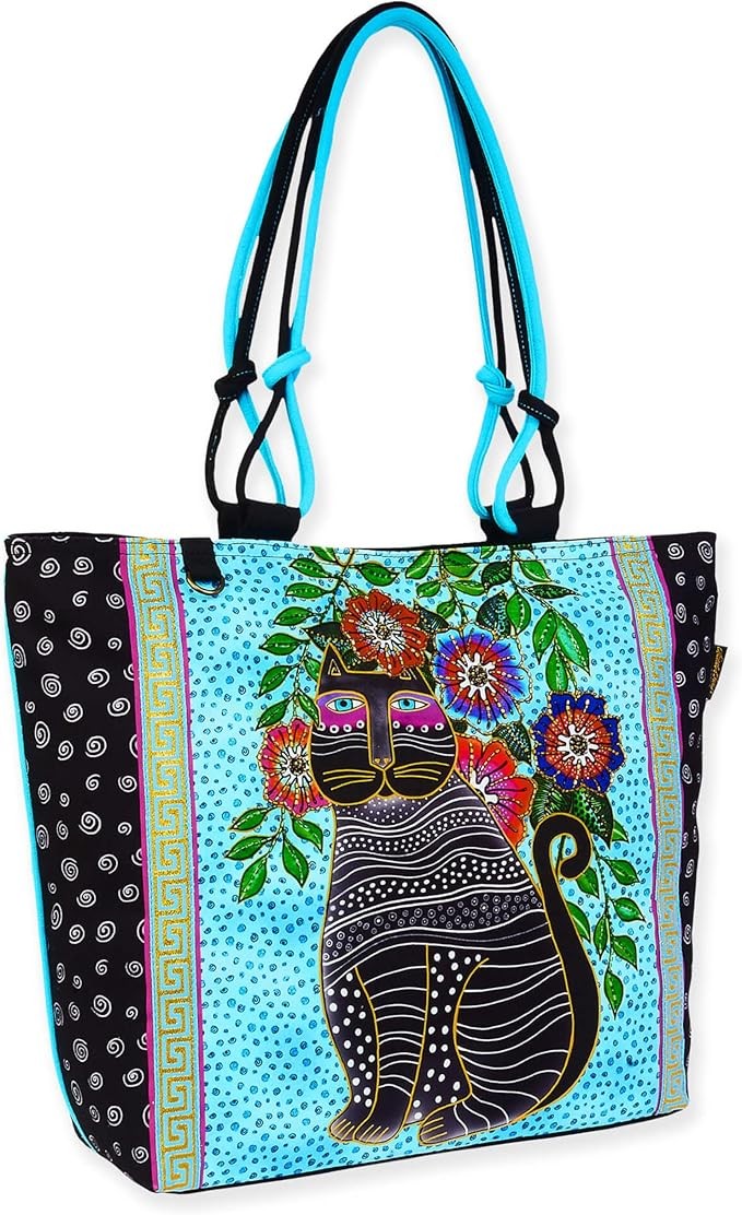 Laurel Burch Kitty Noir Black Cat Blossoms Large Tote Bag, 18'' x 5.5'' x 14.5''