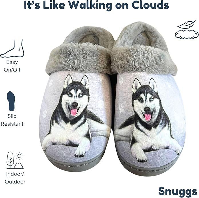 E&S Pets Siberian Husky Snugg Slippers for Pet Lovers - Fuzzy Memory Foam, L/XL