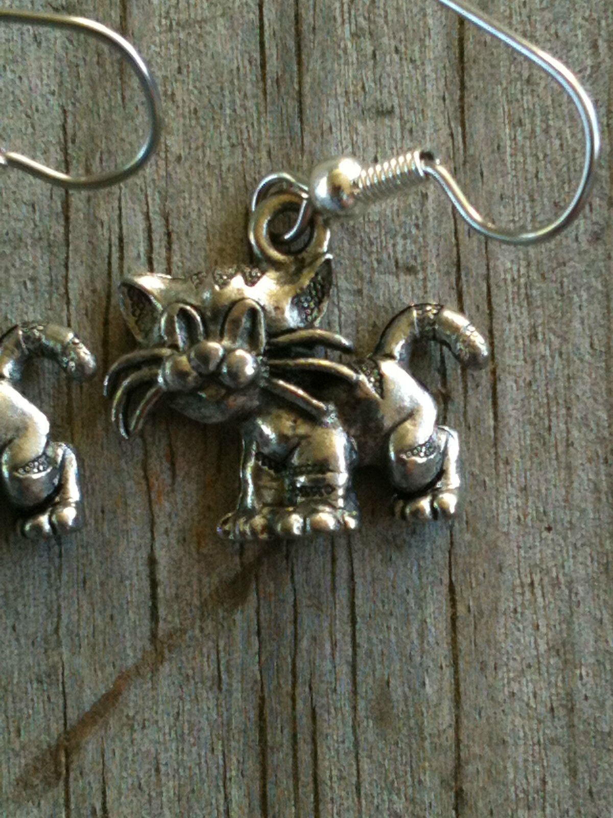 Silver Plated Pewter Cat with Huge Whiskers Earrings