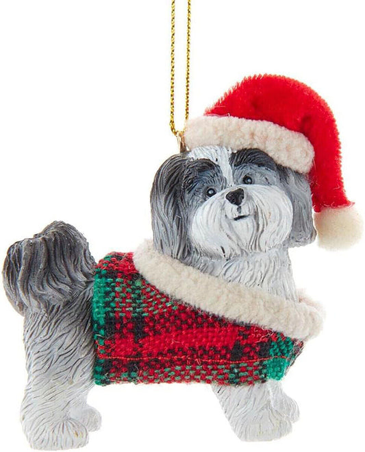 Kurt Adler Gray Shih-Tzu With Plaid Coat and Santa Hat Ornament