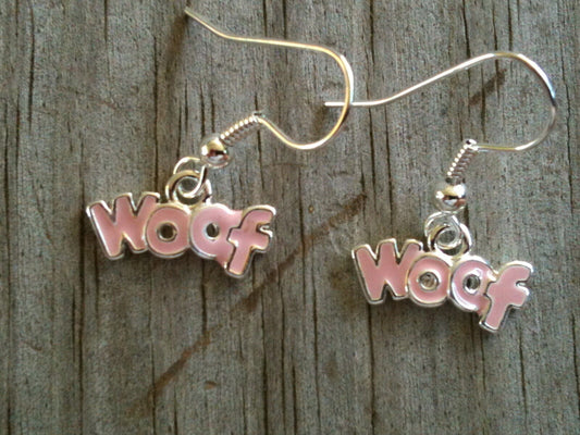 Silver Plated "woof" Light Pink Dog Hand Enameled Earrings