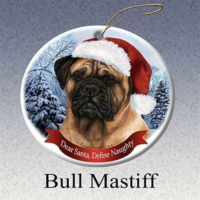 Holiday Pet Gifts Bull Mastiff Santa Hat Dog Porcelain Christmas Tree Ornament