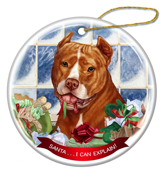 Orange and White Pit Bull Cropped Porcelain Ornament 'Santa.. I Can Explain!