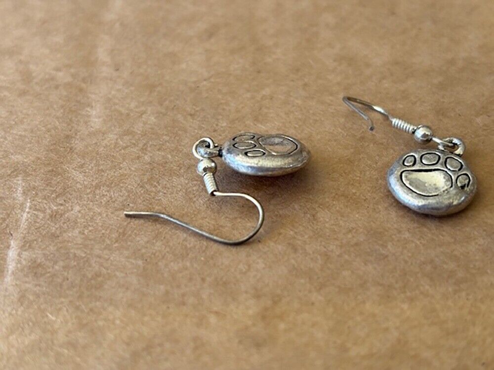 Black Enameled Paw Print Dog Cat Tiger Pewter Earrings, 1/2"