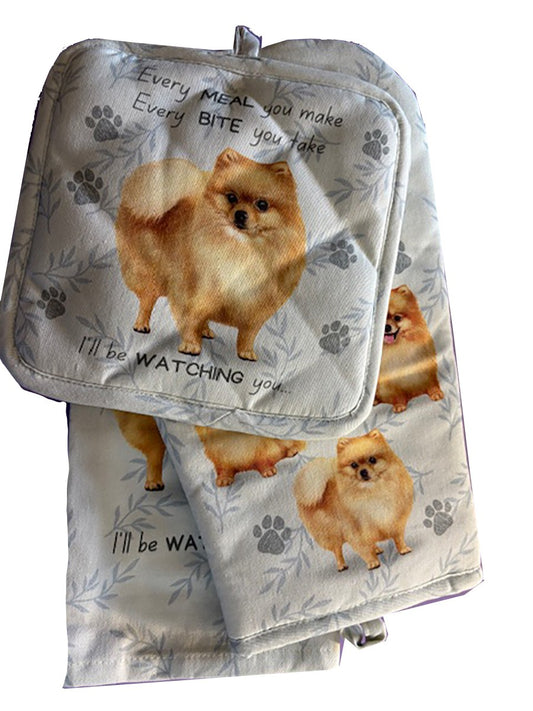 E&S Pets Pomeranian Dog 3 Piece Kitchen Set -  Oven Mitt, Towel, Pot Holder