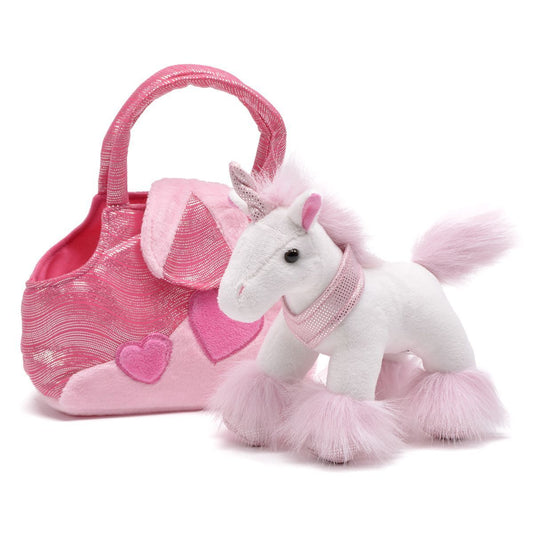 Karimee Pink/White Unicorn Plush Stuffed Animal in Pink Heart Purse, 7"