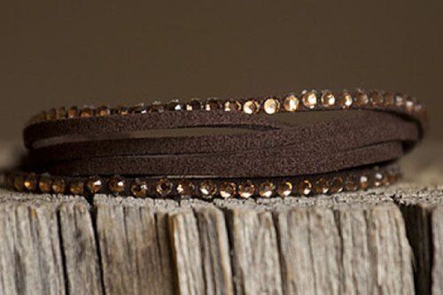 Adjustable Multiple Brown Leather Bracelet with Pale Orange Rhinestones