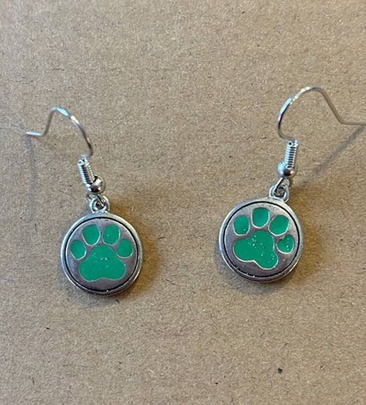Green  Paw Print Dog Cat Tiger Silver Plated Enameled Earrings