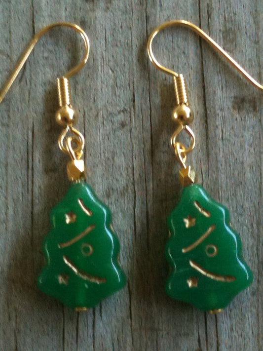Green Pressed Glass Christmas Tree with Gold Highlights Earrings