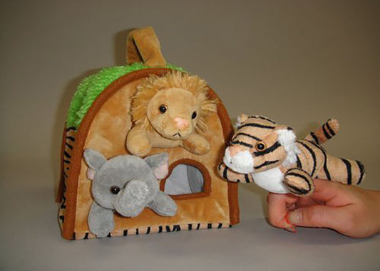 Plush Wild Animal House with 3 Finger Puppets 8"
